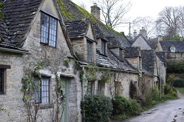 row of grey cottages