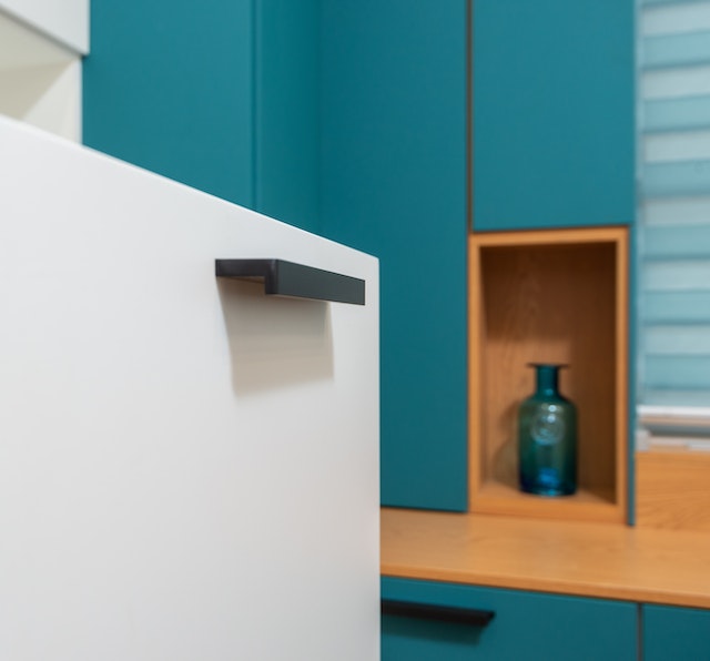 bold colours of kitchen drawers