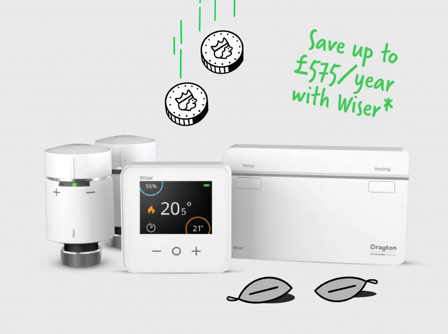 A Wiser room thermostat, radiator thermostat and illustrated coins 
