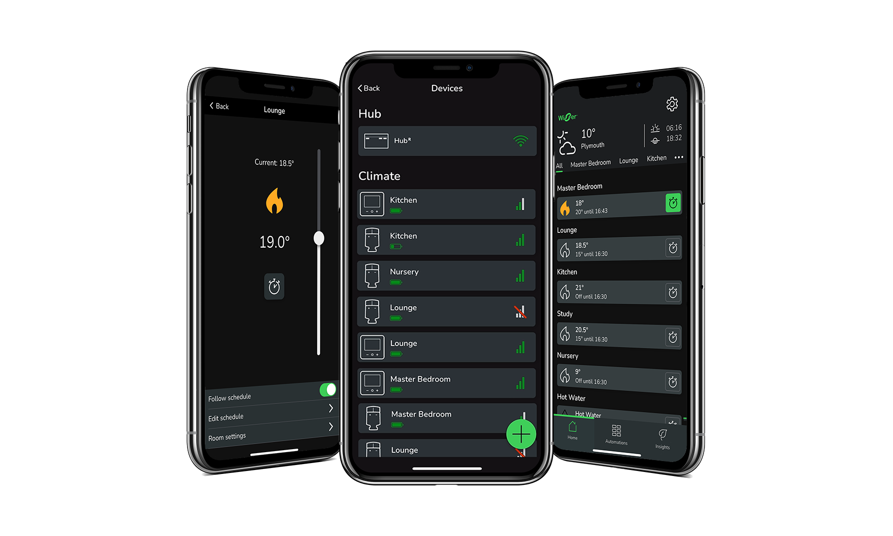Multiple screens of the Wiser Home app to demonstrate its many smart heating control features